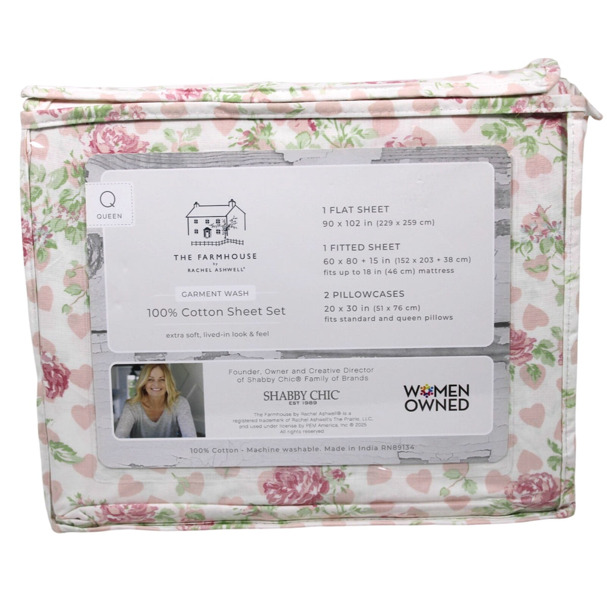 THE FARMHOUSE Rachel Ashwell 4 Pcs. White/Pink Queen Sheet Set Roses & Hearts