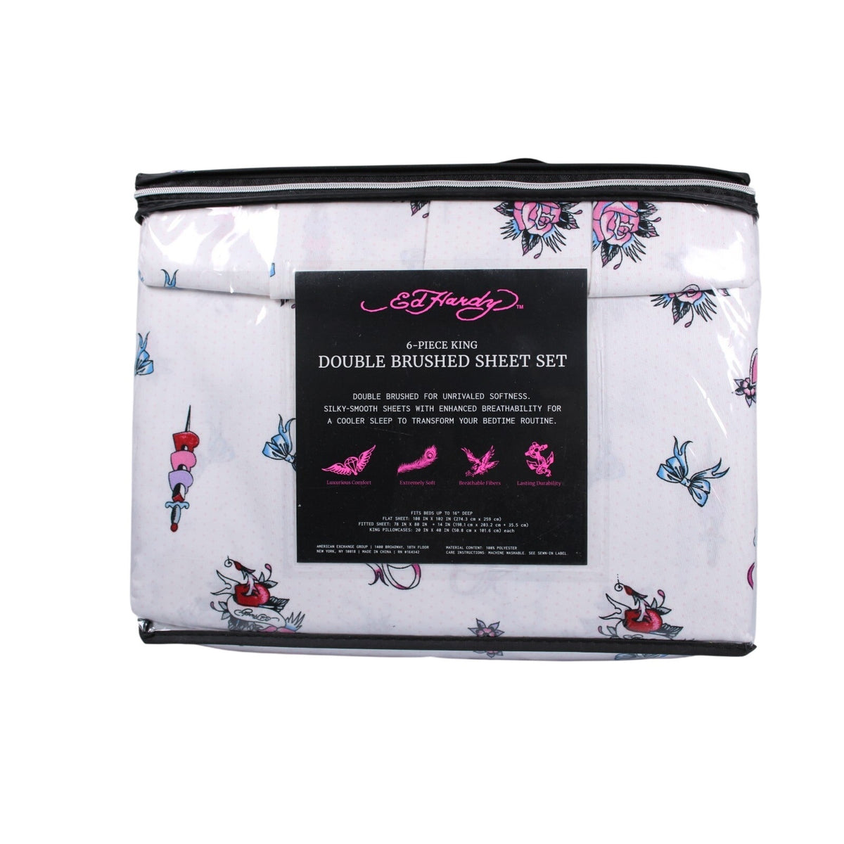 Ed Hardy KING 6pc Sheet Set with 4 Pillowcases Skulls, Bows, Roses, Hearts print