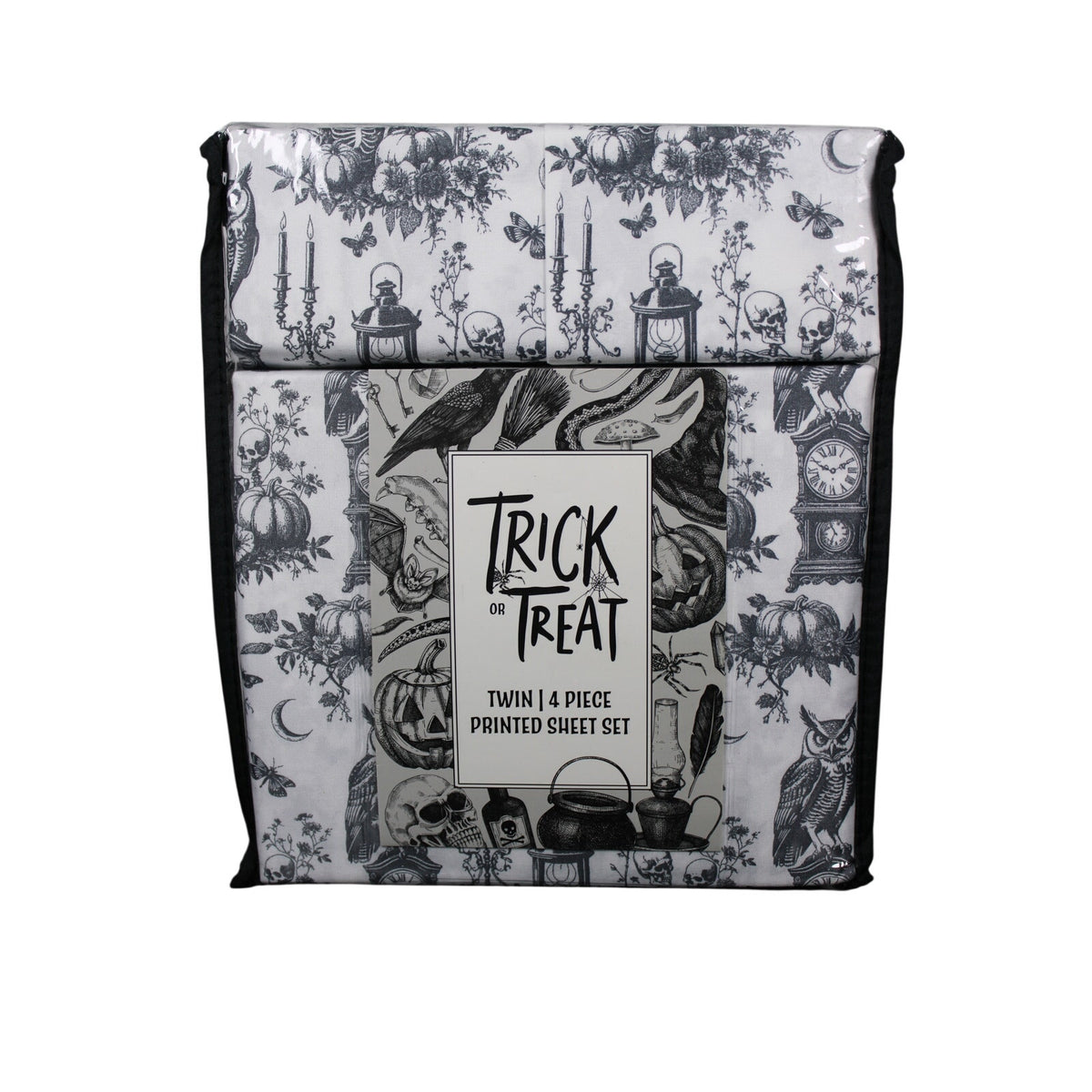 Halloween TWIN 4pc Sheets Set White Black Skulls Pumpkin Crow Owl Clock Poison