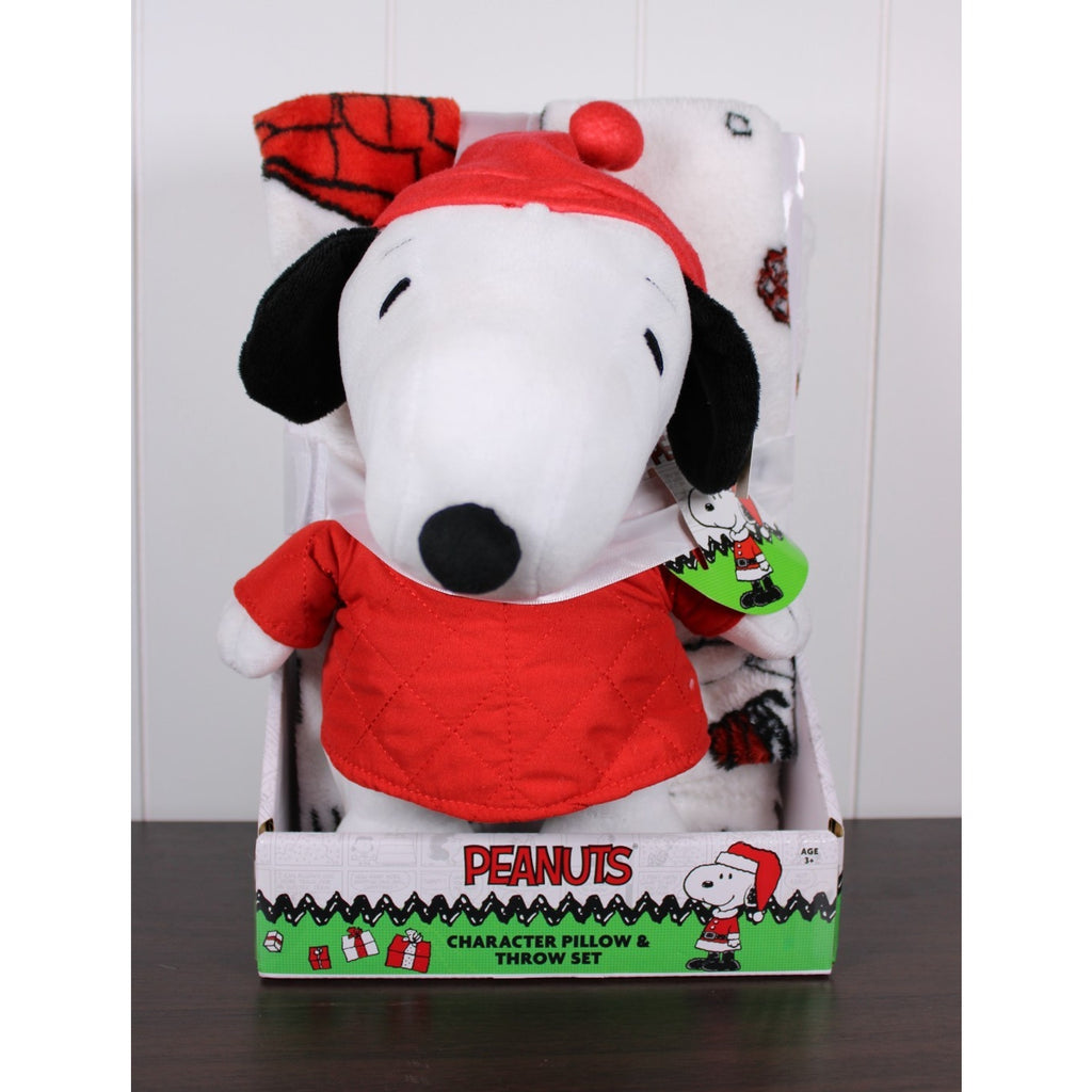 Peanuts Plush Pillow & Throw Set Snoopy in PJ's & Red Puffer Jacket 40x50Blanket