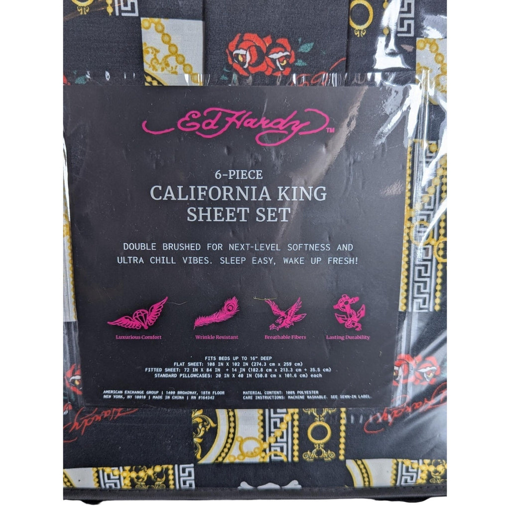 Ed Hardy Black 6 pc Cal King Sheet Set Hearts, Skulls, Roses, w/4 Pillowcases