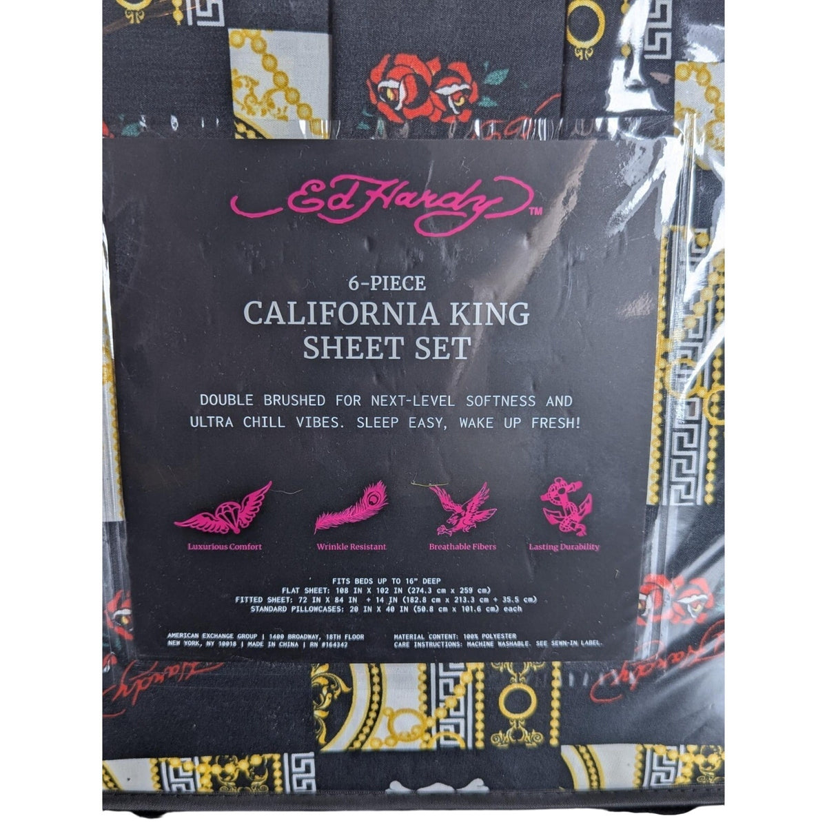 Ed Hardy Black 6 pc Cal King Sheet Set Hearts, Skulls, Roses, w/4 Pillowcases