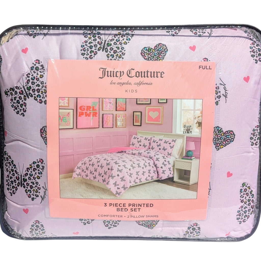 Juicy Couture Lavender w/Leopard Butterflies & Hearts FULL Comforter & Shams Set