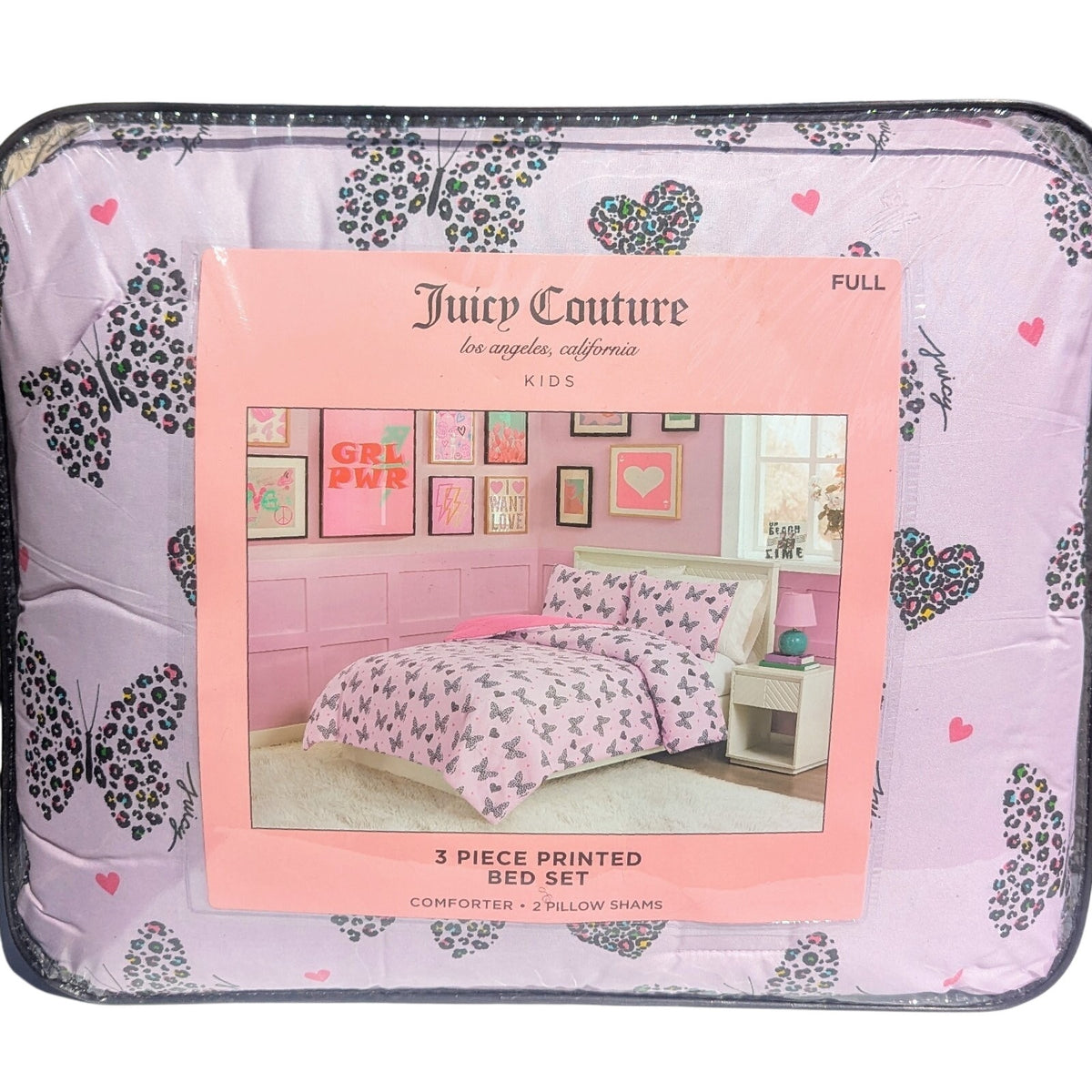 Juicy Couture Lavender w/Leopard Butterflies & Hearts FULL Comforter & Shams Set