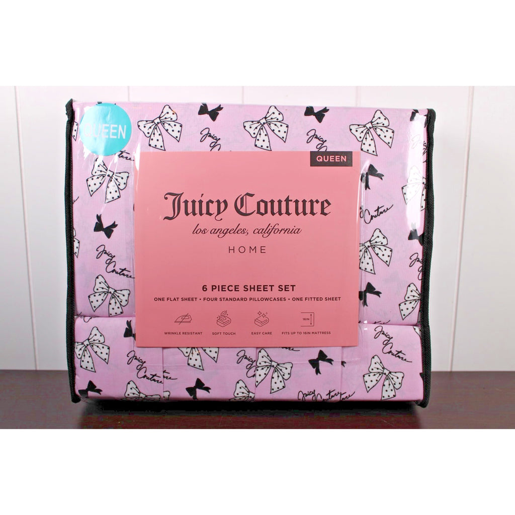 Juicy Couture Queen 6 pc Bed Sheet Set Pink & Black Polka Dot Bows