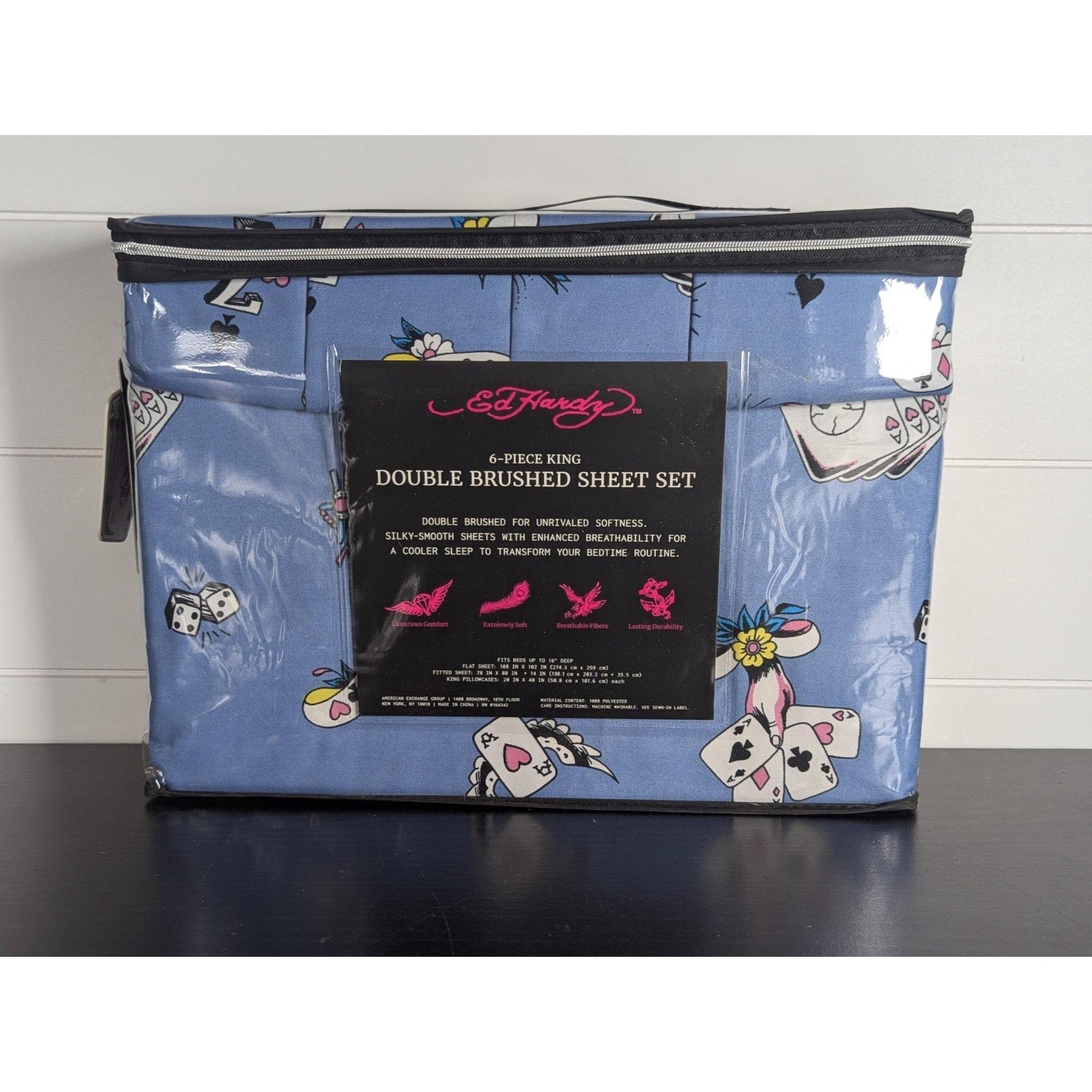 Ed Hardy 6-pc King Sheet Set w/4 Pillowcases, Playing Cards, Dice, Hearts NEW
