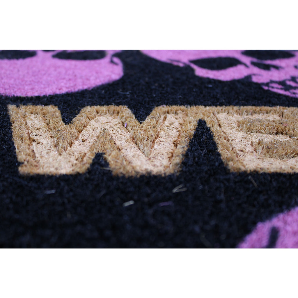 Spooky Hallow - WELCOME Coir Doormat 18x28 Pink Skulls, Black Mat Non-Slip