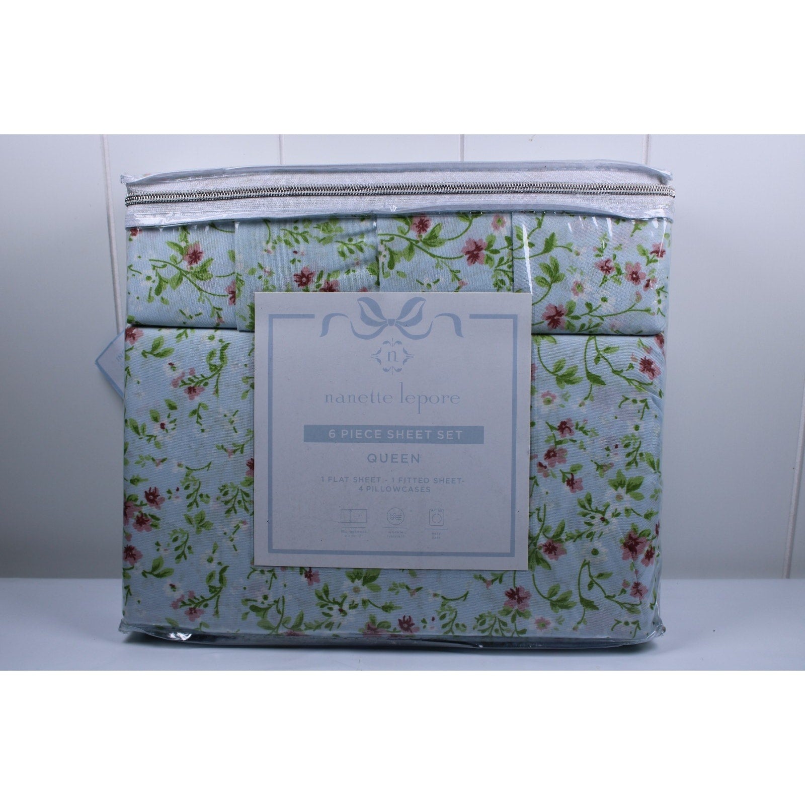 Nanette Lepore Queen 6 Piece Sheet Set Green, Pink Floral, 2 bonus pillowcases