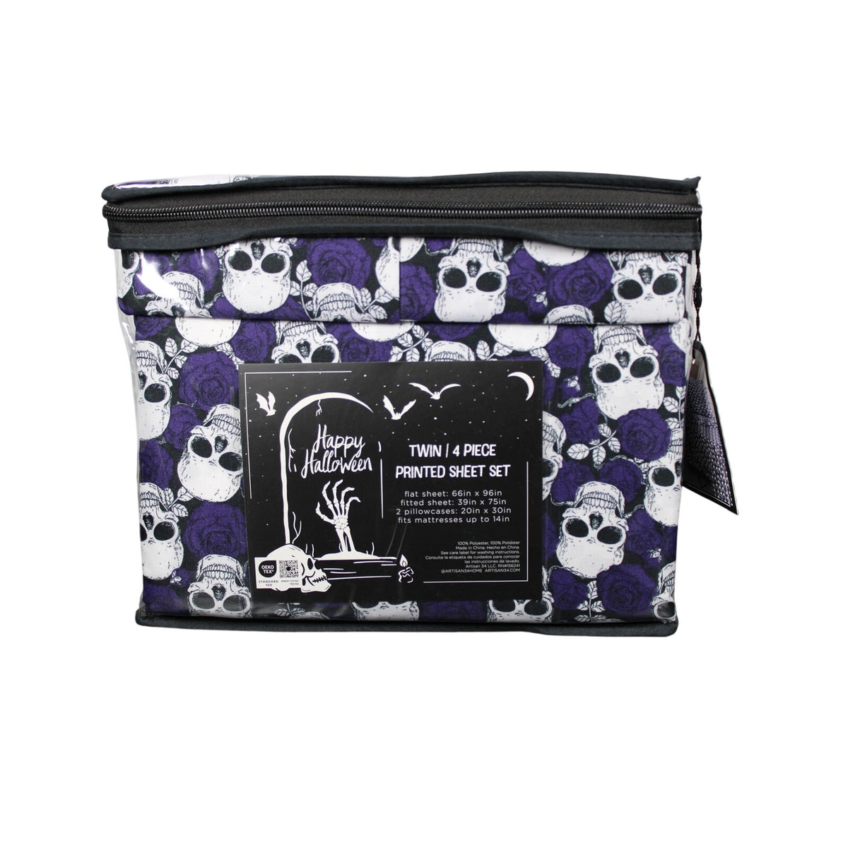 Halloween Goth Style TWIN 4 Piece Sheet Set Skulls Purple Roses - NEW
