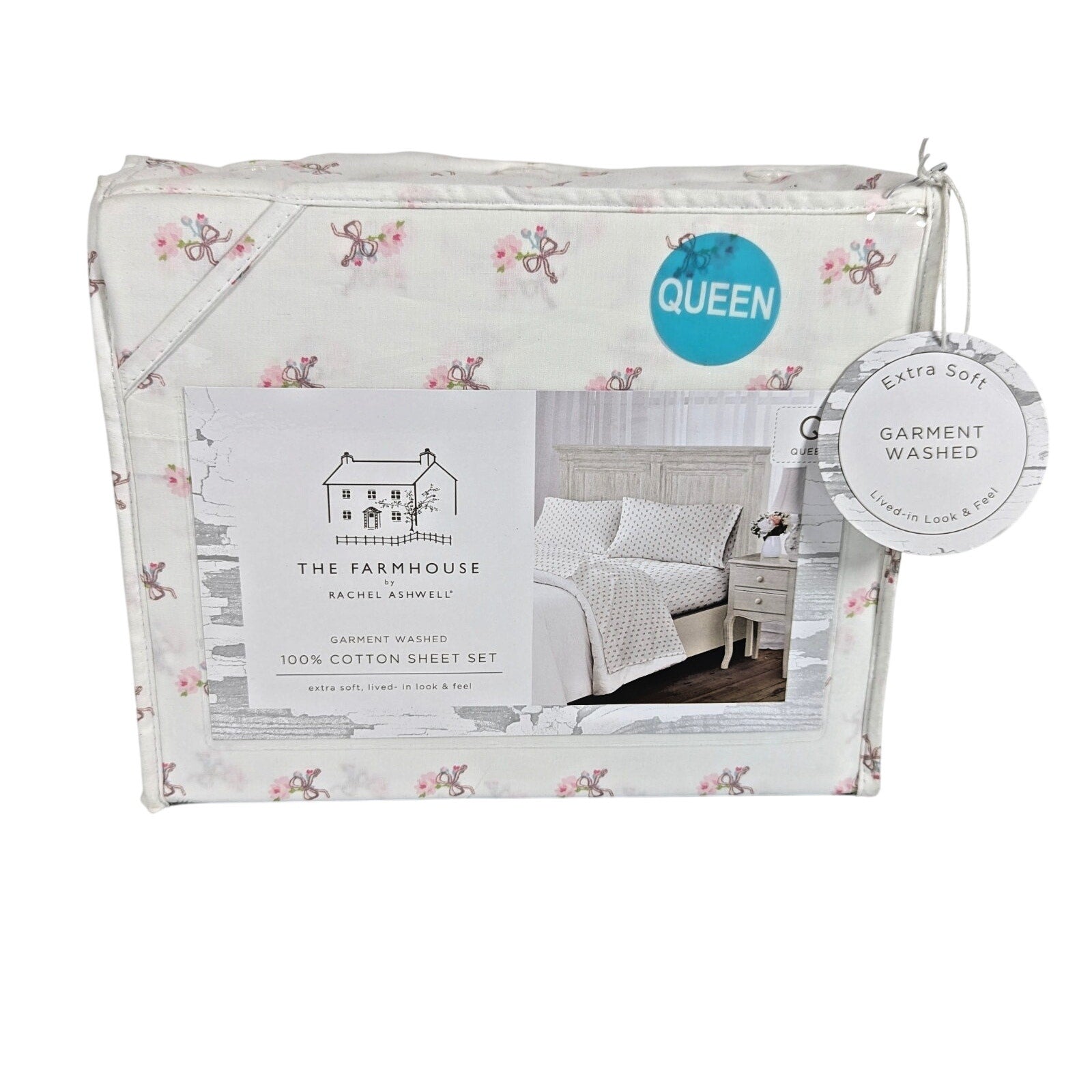 The Farmhouse Rachel Ashwell Pink Rose, Bows, Floral Queen Sheet Set, NEW