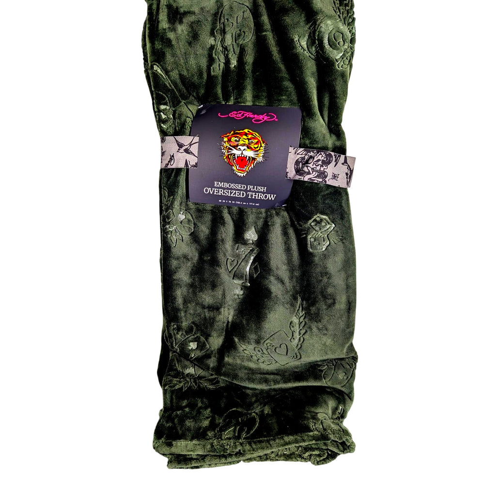 ED HARDY Green Embossed Plush Oversized Throw Blanket 60x70 Skull Dice Heart Y2K