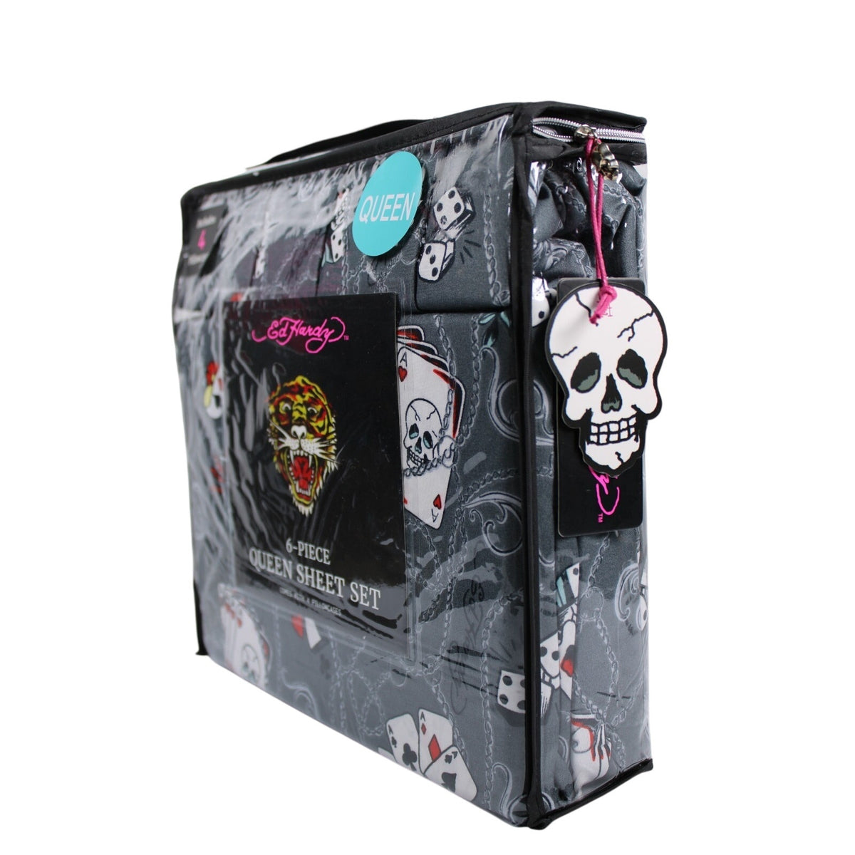 Ed Hardy 6 piece Queen Sheet Set Grey w/Cards &Tattoo Print with 4 Pillowcases