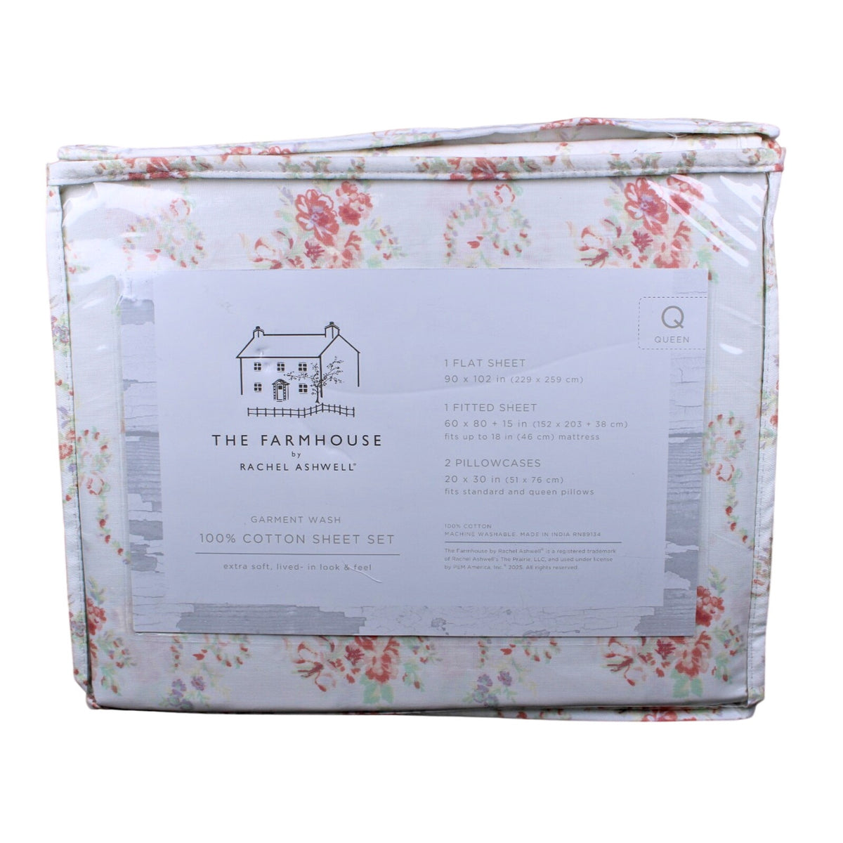 The Farmhouse Rachel Ashwell 100% Cotton Coral & Mint Floral QUEEN Sheets NEW