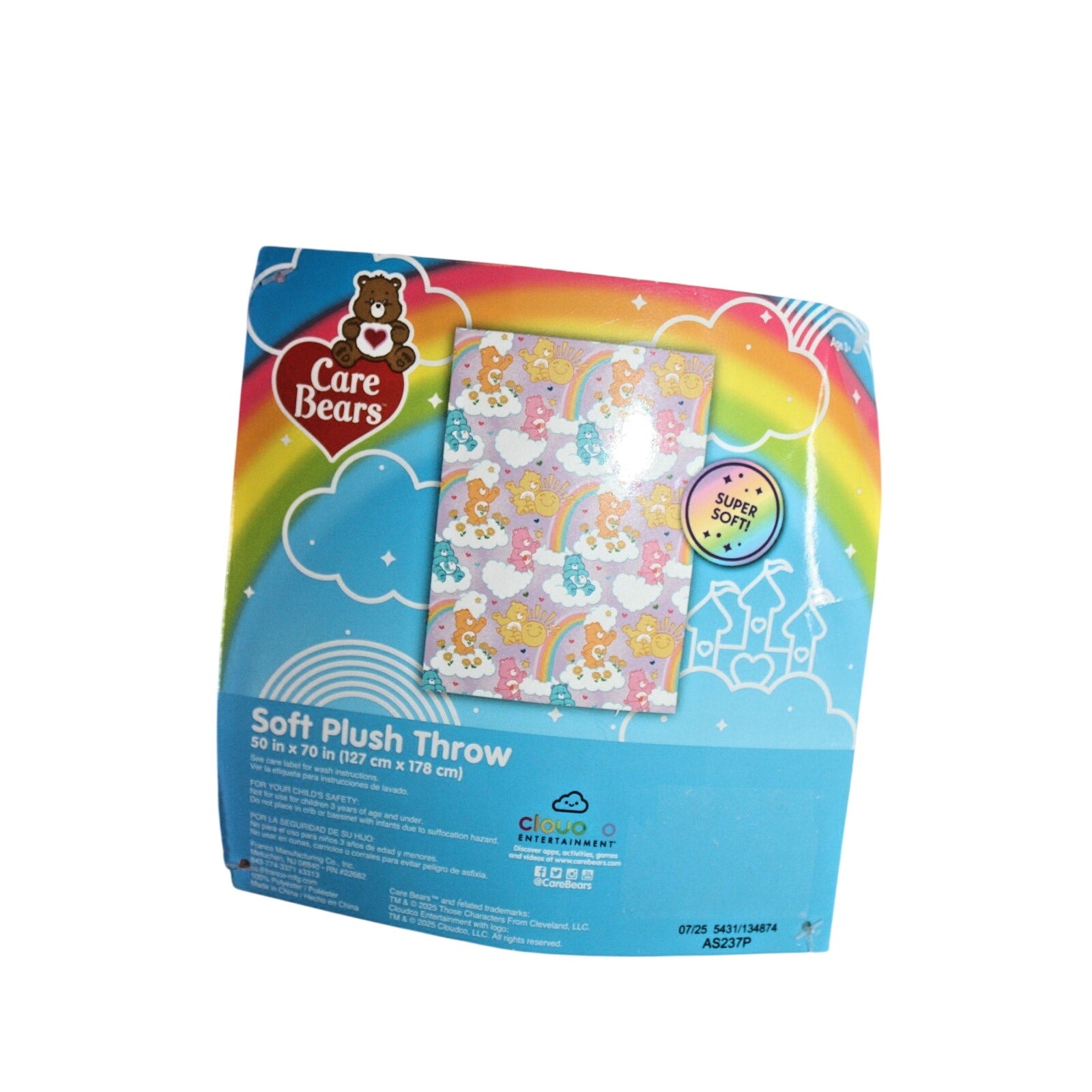 Care Bears Soft Throw Blanket Smiley Suns Rainbows Flowers and Clouds 50” X 70”