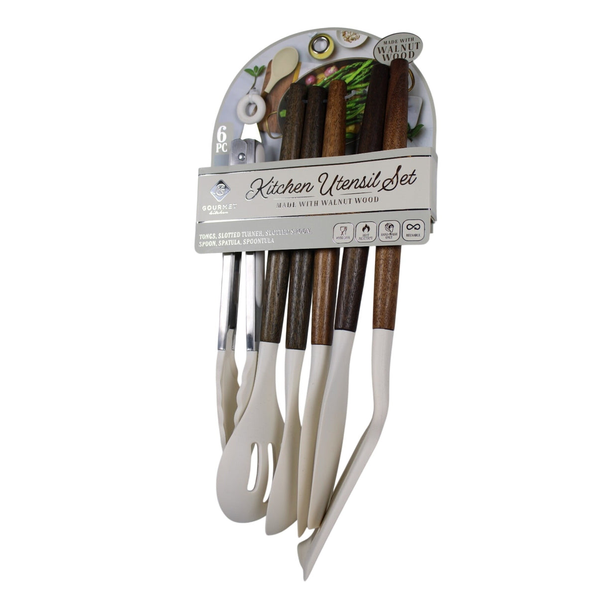 Kitchen Utensil Set of 6. Walnut handles Heat resistant Flexible silicone, Tongs