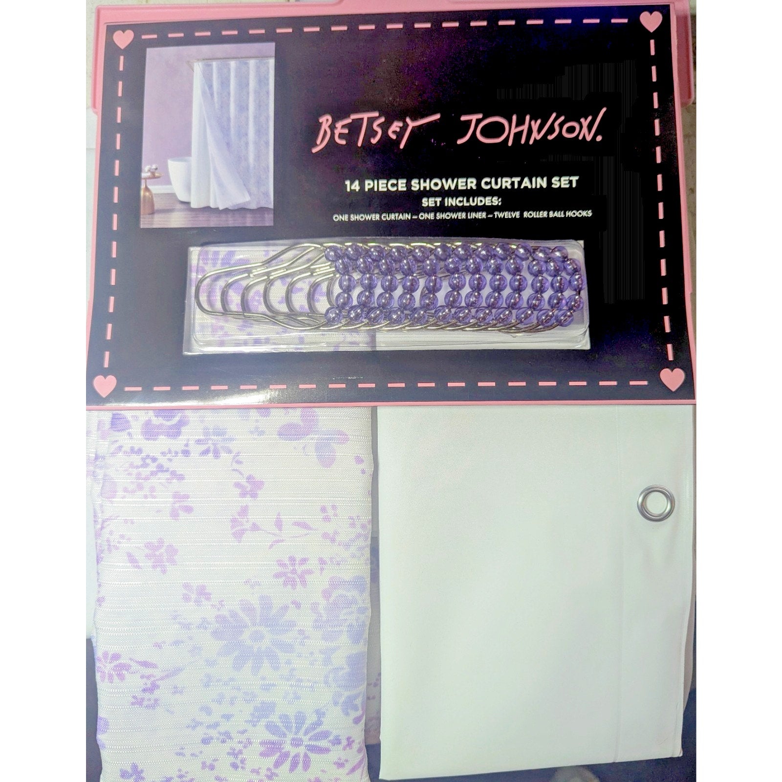 Betsey Johnson 14-Piece Shower Curtain Set - Butterfly Garden Floral -12 Hooks