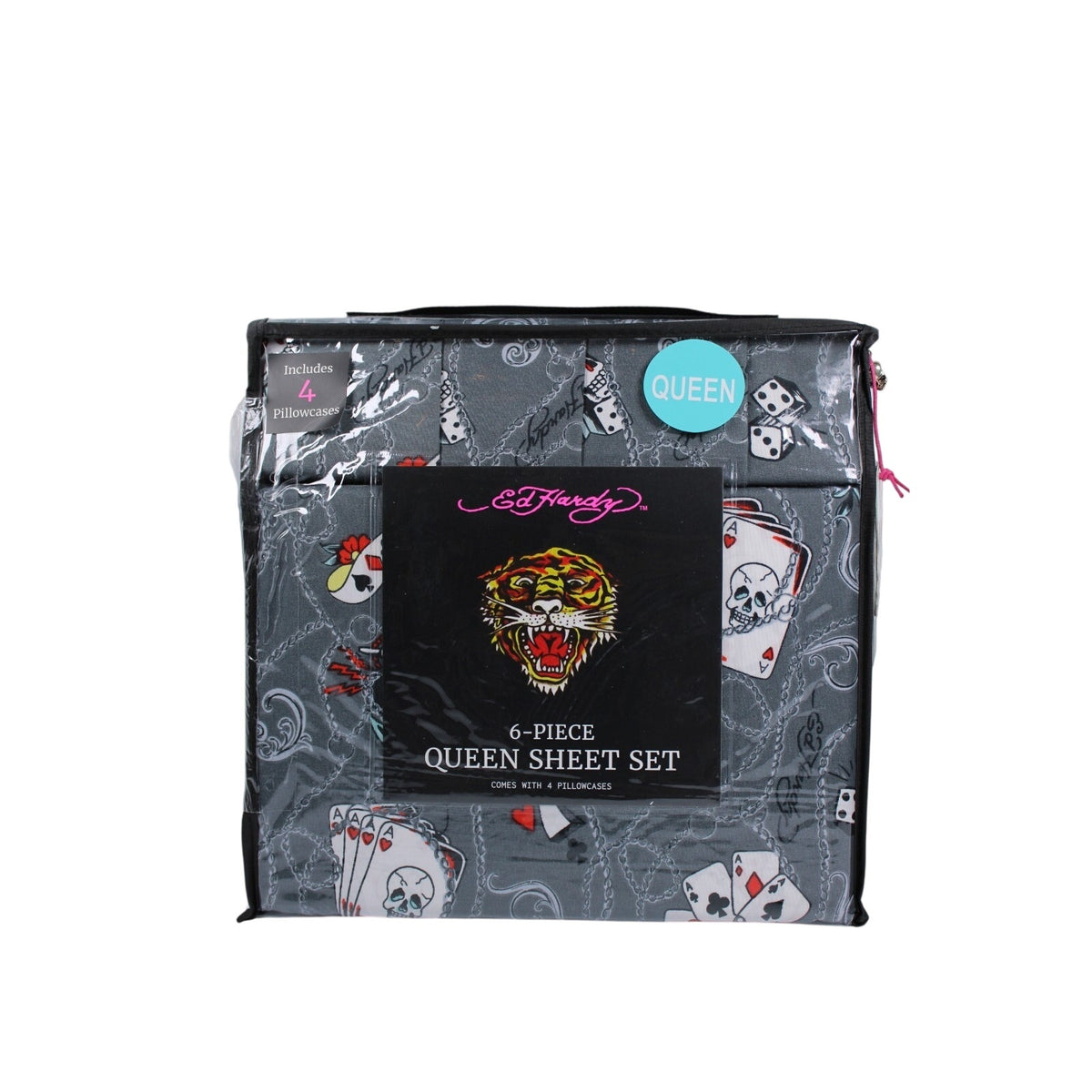 Ed Hardy 6 piece Queen Sheet Set Grey w/Cards &Tattoo Print with 4 Pillowcases