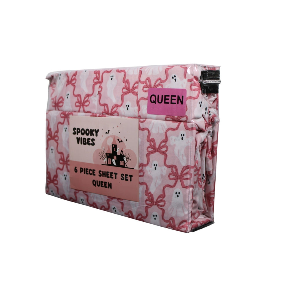 Spooky Vibes QUEEN 6pc Ghost Halloween Pink Bows Ultra Soft Sheet Set