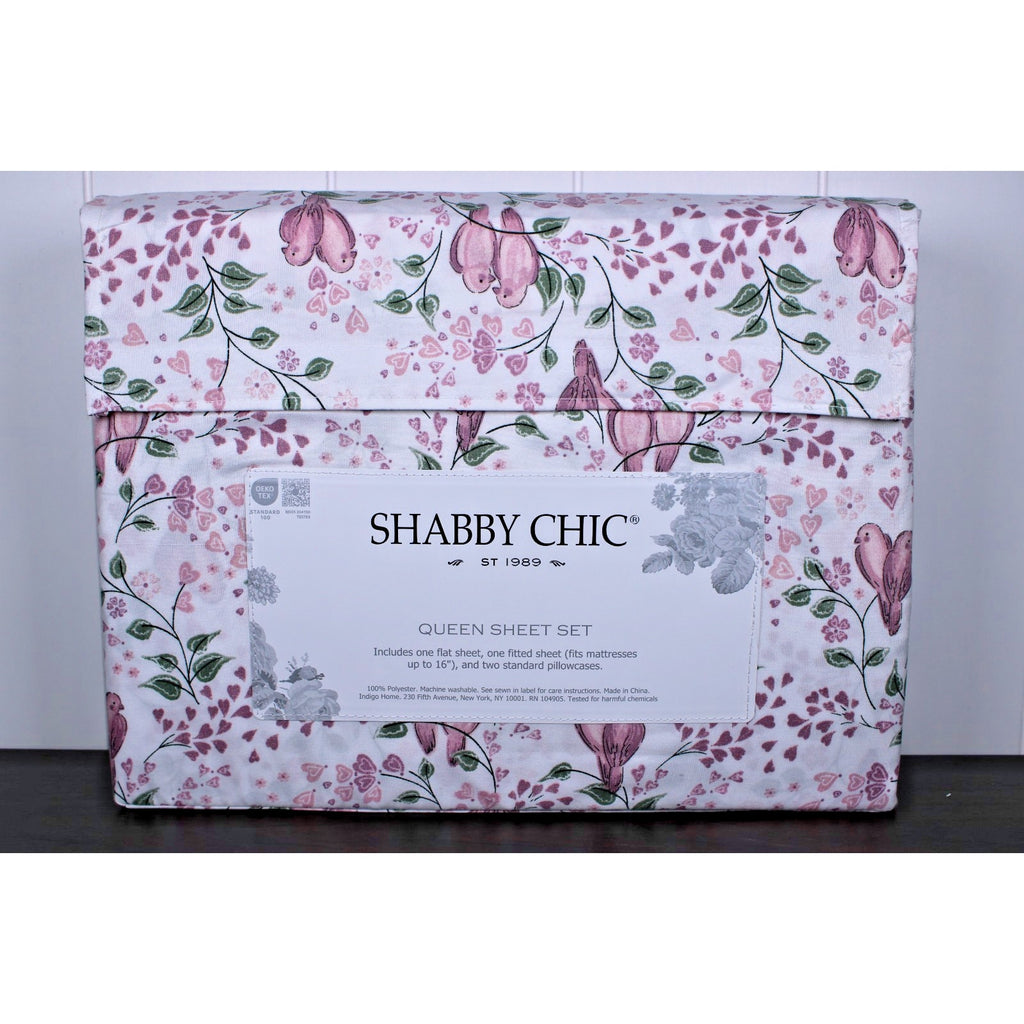 Shabby Chic Farmhouse Cottage Queen Sheet Set Pink and Mauve Lovebirds & Hearts