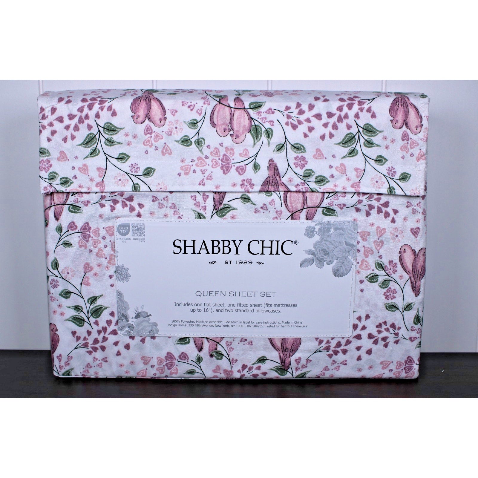 Shabby Chic Farmhouse Cottage Queen Sheet Set Pink and Mauve Lovebirds & Hearts