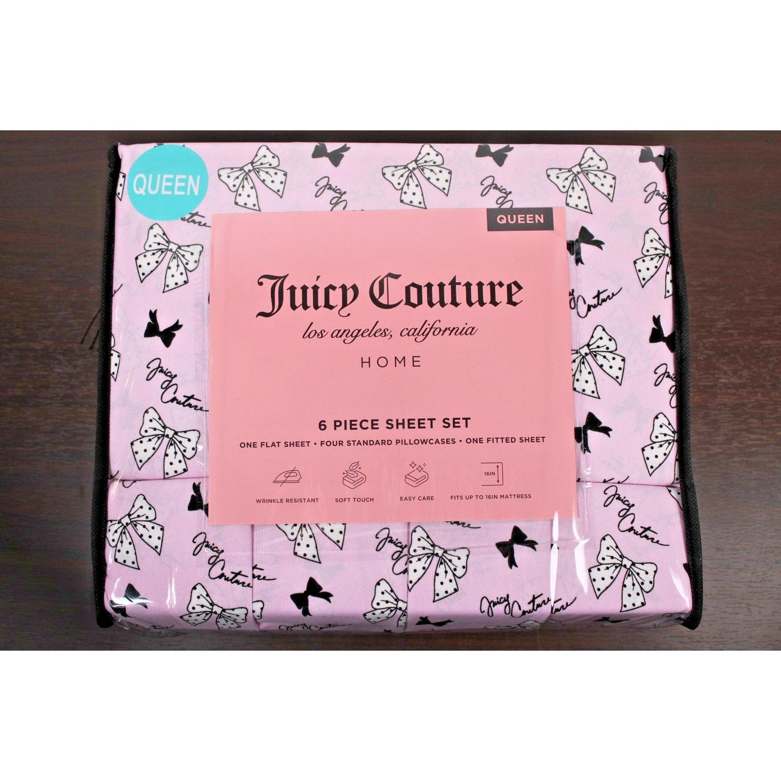 Juicy Couture Queen 6 pc Bed Sheet Set Pink & Black Polka Dot Bows