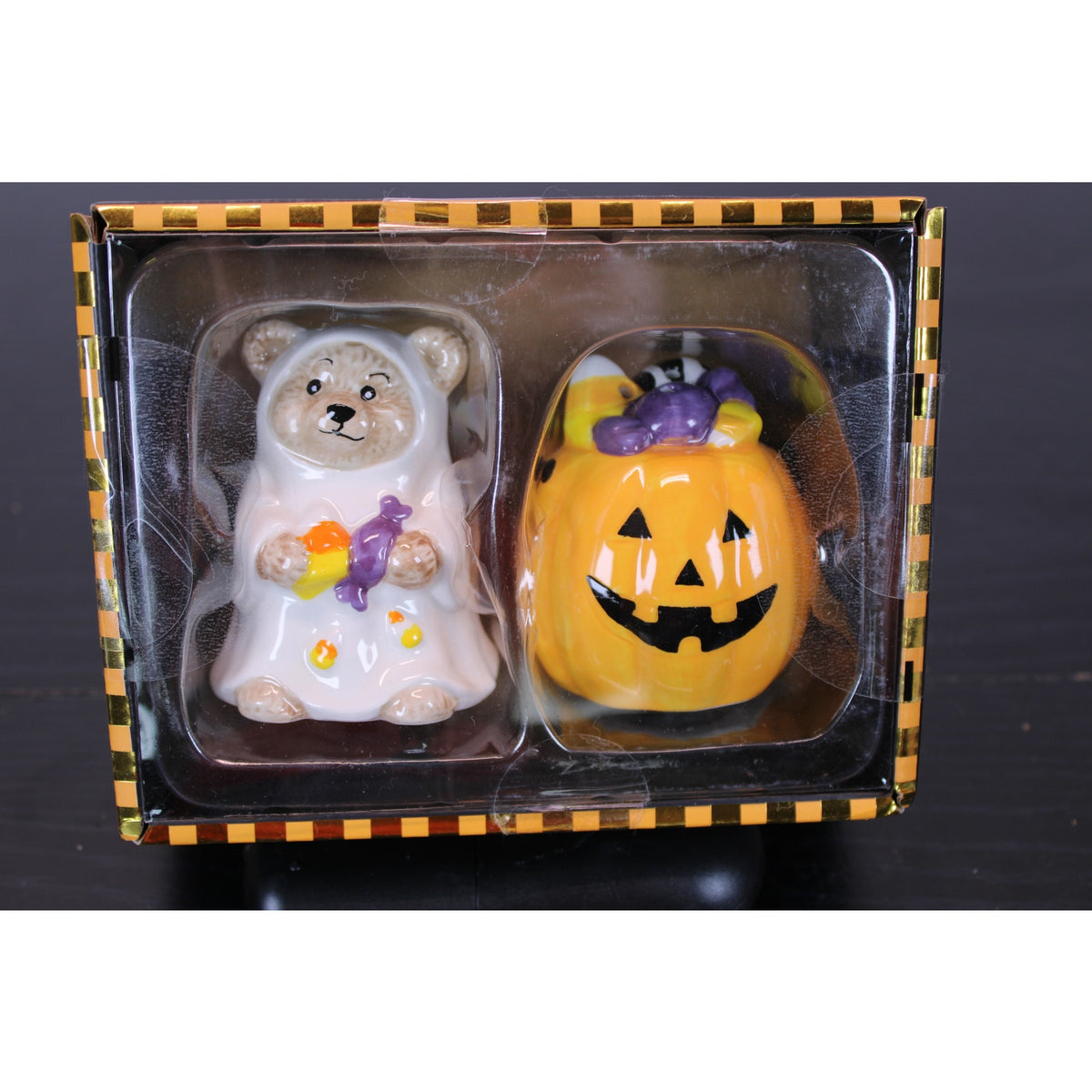 Haunted Halloween Teddy Bear & Jack O' Lantern Salt & Pepper Shakers