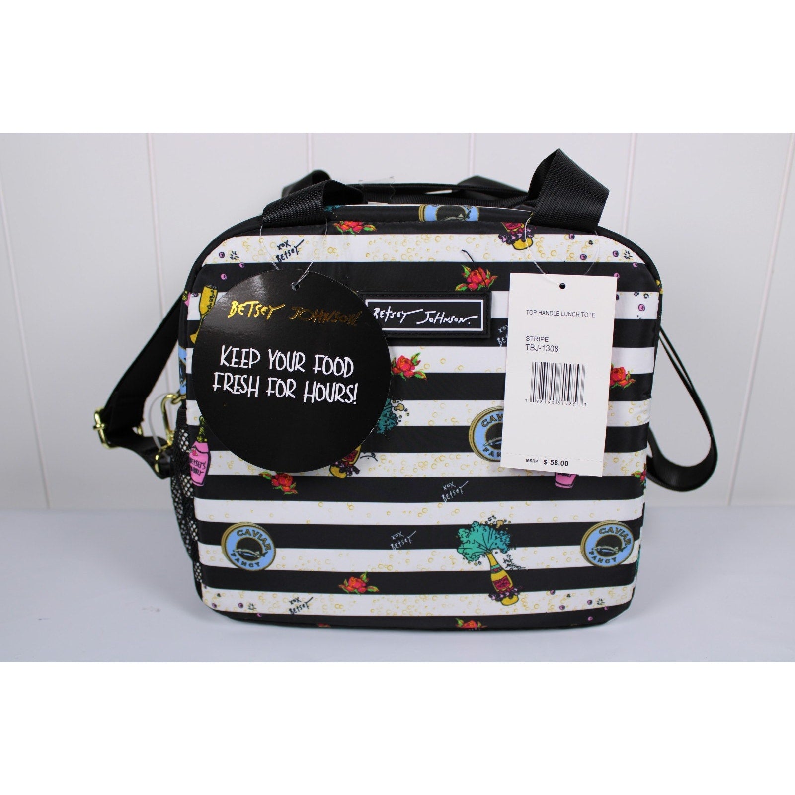 Betsey Johnson Champagne, Roses, Caviar, Isolated Top Handle Lunch Tote Large.