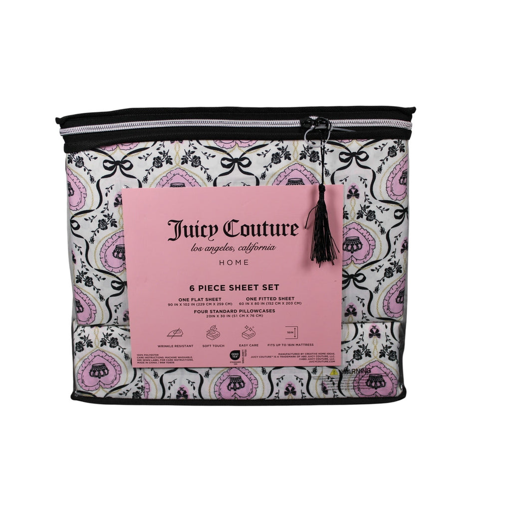 Juicy Couture Queen Sheet Set 6 Piece Black Crown Black Roses, Bows, Logos - NEW