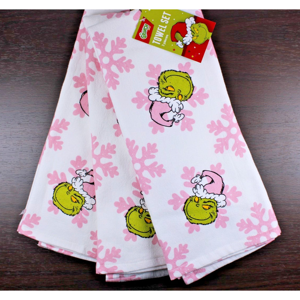 Dr. Seuss The Grinch Pink Snowflakes and Santa Hats Kitchen Towels Set of 3