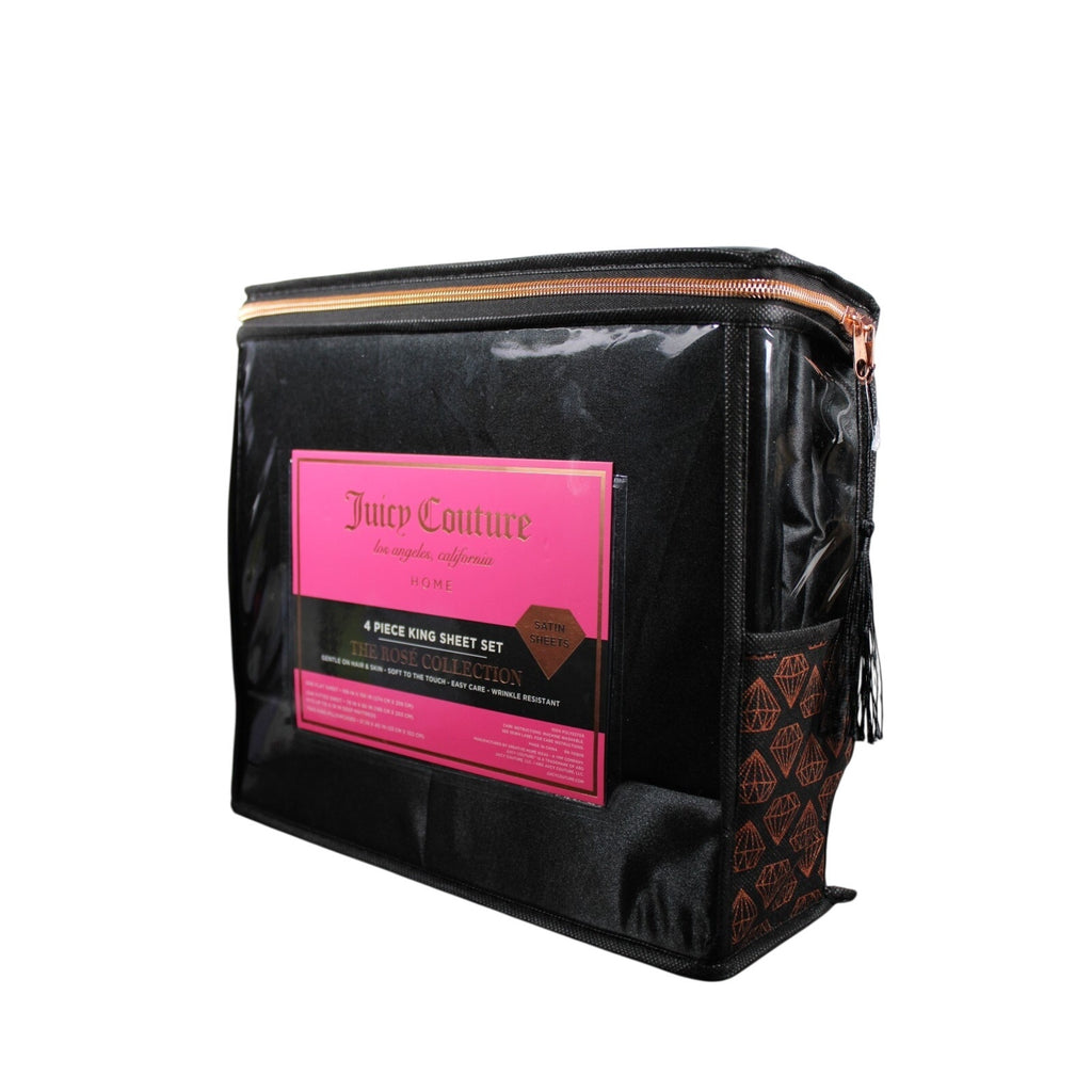 Juicy Couture Black Satin 4pc KING Sheet Set Easy Care Soft Sleek Smooth
