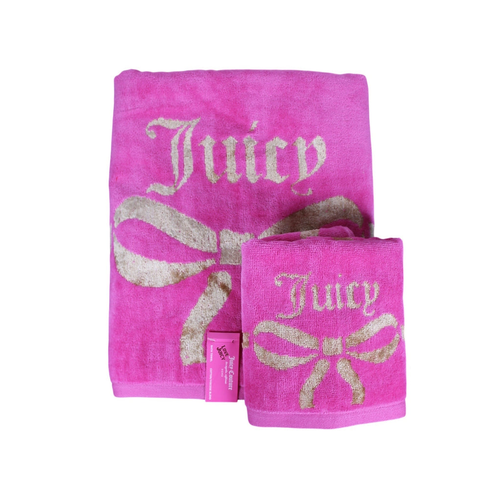 JUICY COUTURE 2psc. PINK FUCHSIA GOLD BOW TIE COTTON VISCOSE Soft 1 BATH 1 HAND TOWEL
