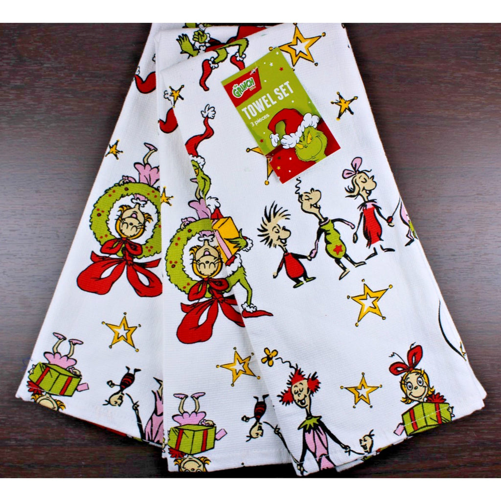 Set Of 3 Dr. Seuss The Grinch Whoville Cindy Lou Christmas Kitchen Cotton Towels