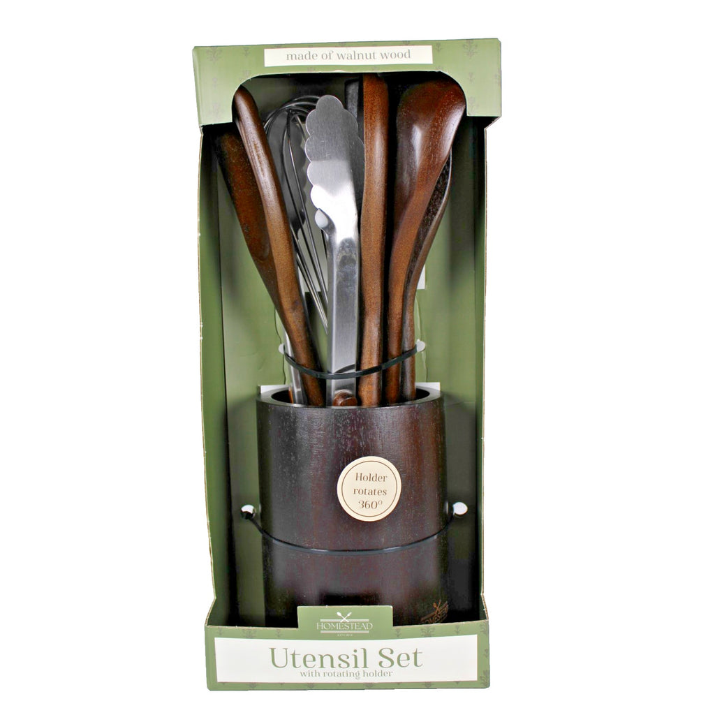 7-piece Walnut Wooden Kitchen Utensil Set - Includes a rotating holder