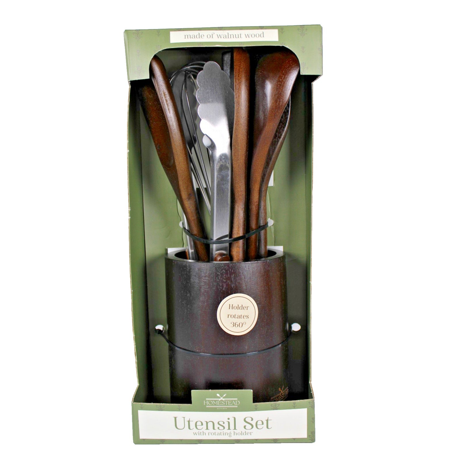7-piece Walnut Wooden Kitchen Utensil Set - Includes a rotating holder