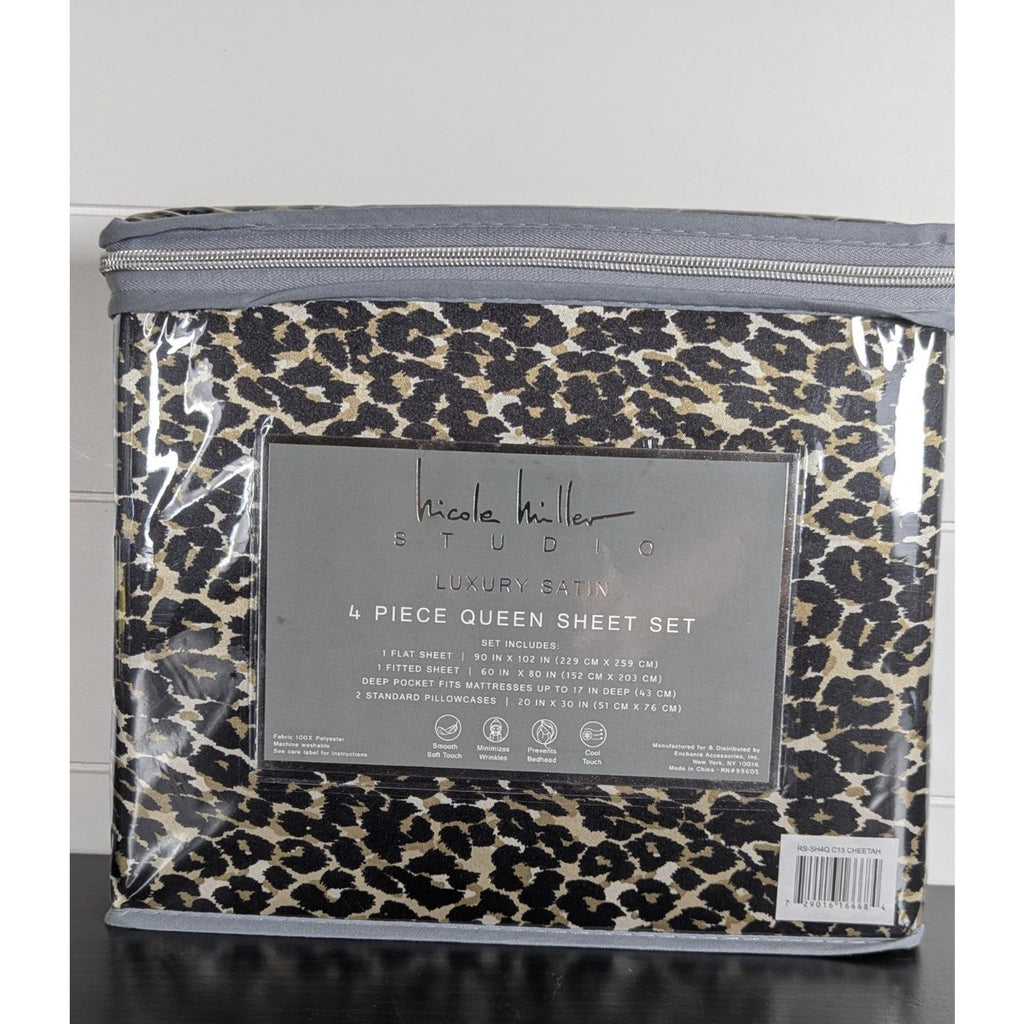 Nicole Miller Studio Luxury Satin Queen Sheet Set 4 Pc Leopard Cheetah - New