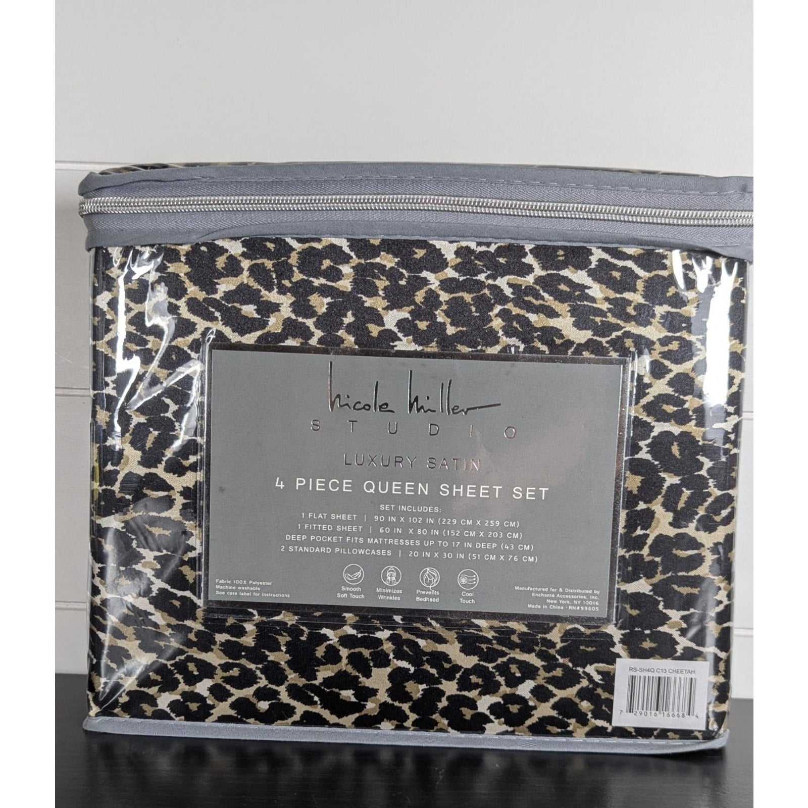 Nicole Miller Studio Luxury Satin Queen Sheet Set 4 Pc Leopard Cheetah - New