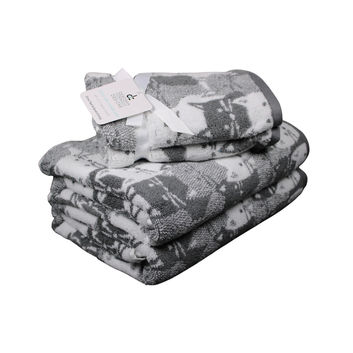 Deborah Connolly Cats Bath Towel Set 4pc Towel Bath Set White Black Grey, SOFT