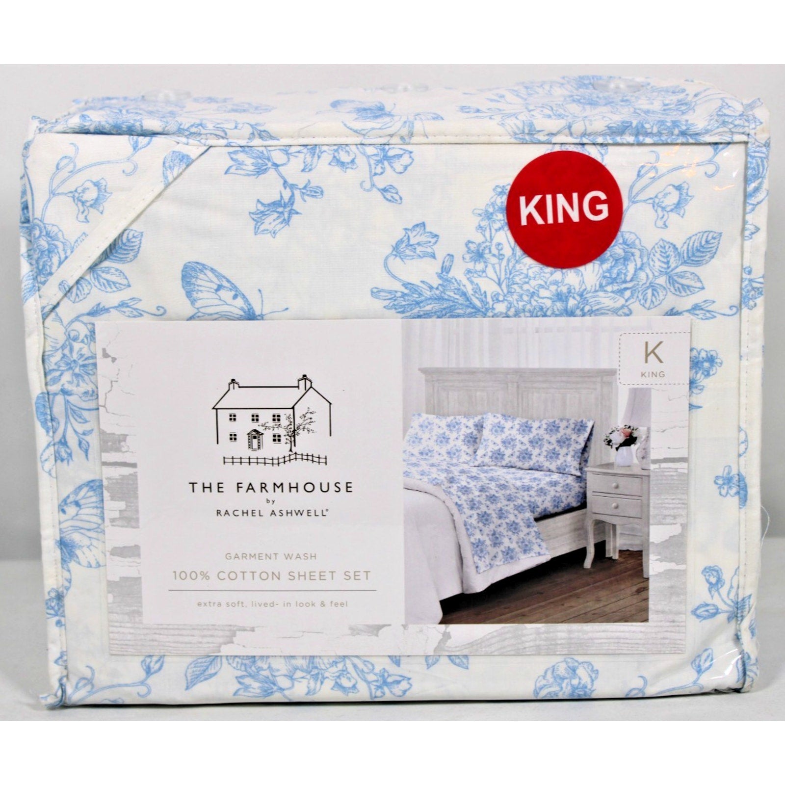 The Farmhouse Rachel Ashwell KING Sheet Set Blue Floral Cotton Shabby Chic 4pcs