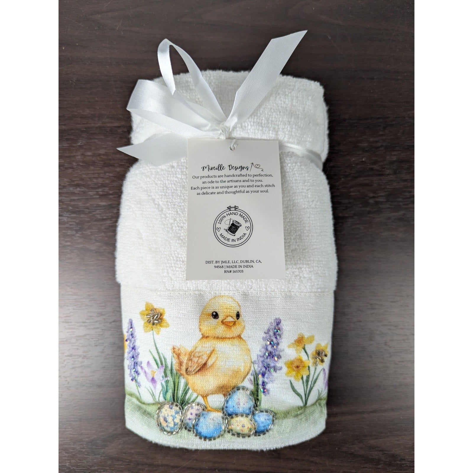 Easter Blessing Beaded Chick Floral Hand Towels Set of 2, 16x28" 100% Cotton