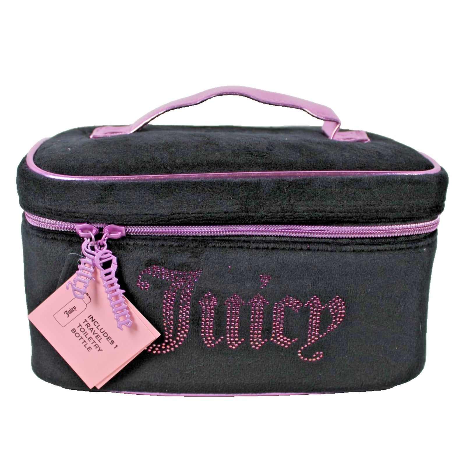 NWT Juicy Couture BLACK & LILAC velvety cosmetic makeup bag & toiletry bottle