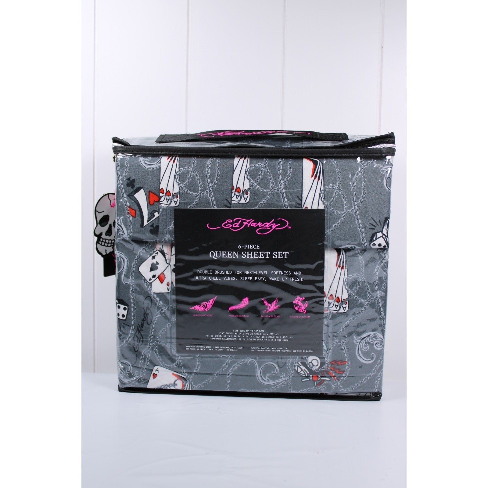 Ed Hardy 6 piece Queen Sheet Set Grey w/Cards &Tattoo Print with 4 Pillowcases