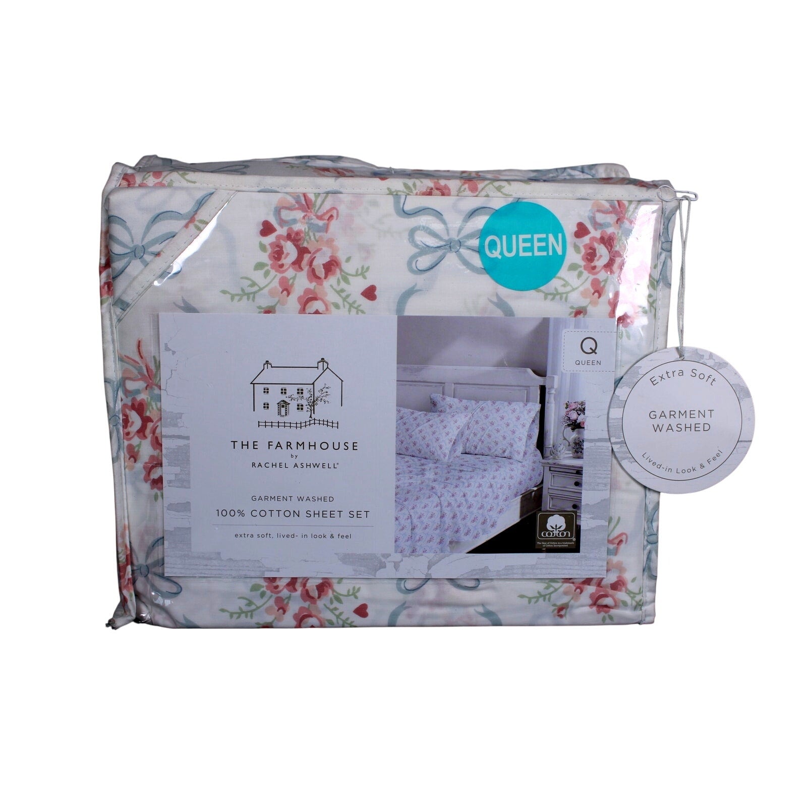THE FARMHOUSE Rachel Ashwell 4 Pcs. Green/Pink Queen Sheet Set Roses & Bows
