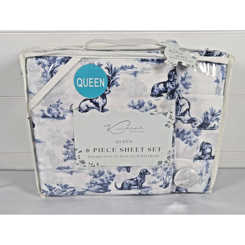 KINDRED HOME 6 pc Dogs, Floral design Queen Sheet Set 2 EX Pillowcases