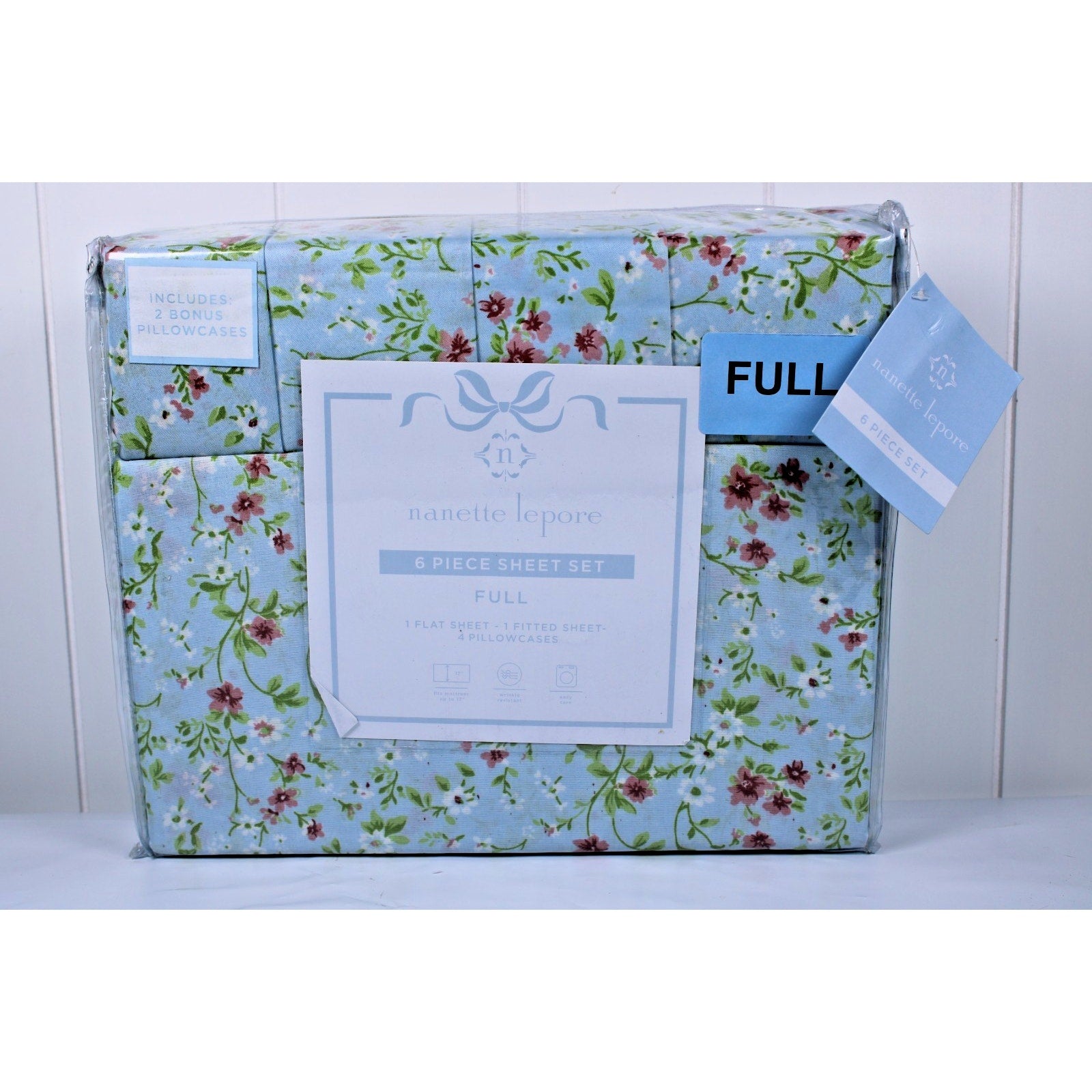 Nanette Lepore Full 6 Piece Sheet Set Green, Pink Floral, 2 bonus pillowcases