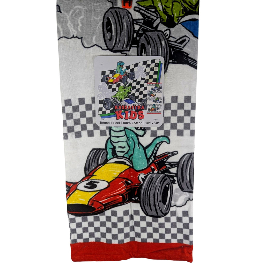 Kassafina Kids Beach Towel 28"x58", Dinosaur on Race Cars,