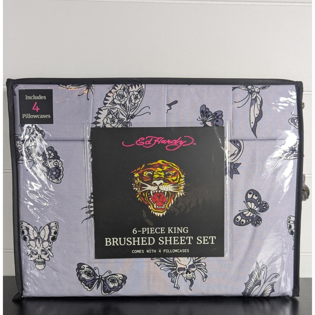 Ed Hardy 6-pc King Sheet Set w/4 Pillowcases, Skulls, Butterflies, Lavender NEW