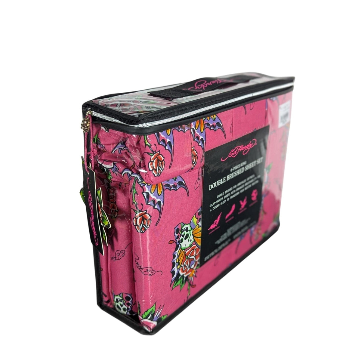 Ed Hardy 6 pc King Sheet Set Skulls Roses Tattoo Print w/4 Pillowcases
