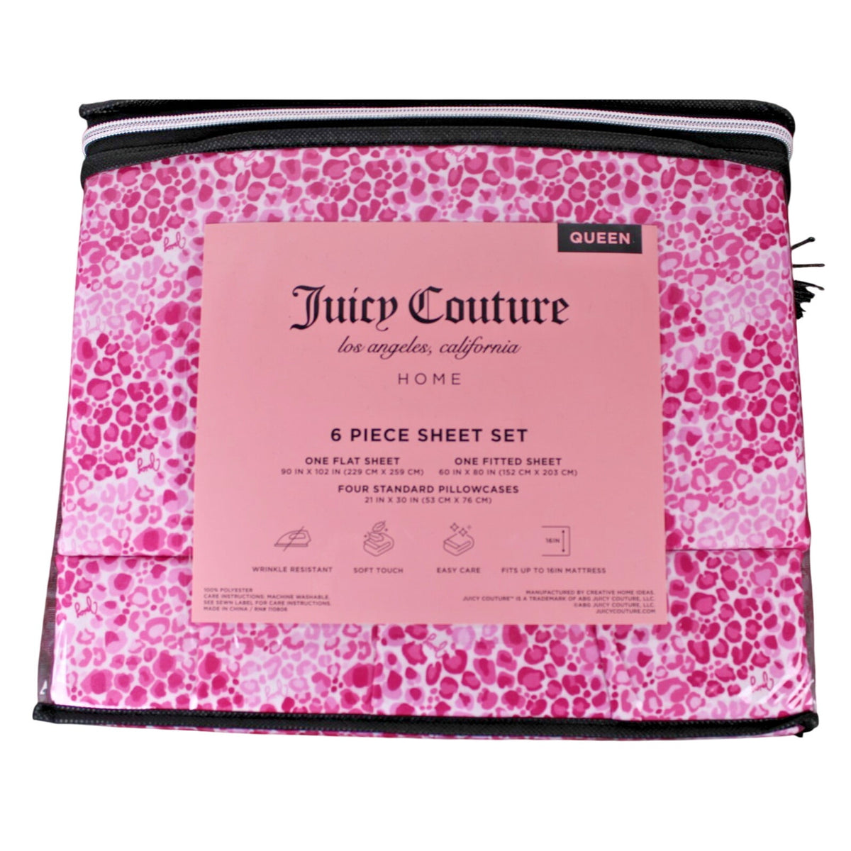 Juicy Couture Queen 6 pc Bed Sheet Set Pink Leopard Print