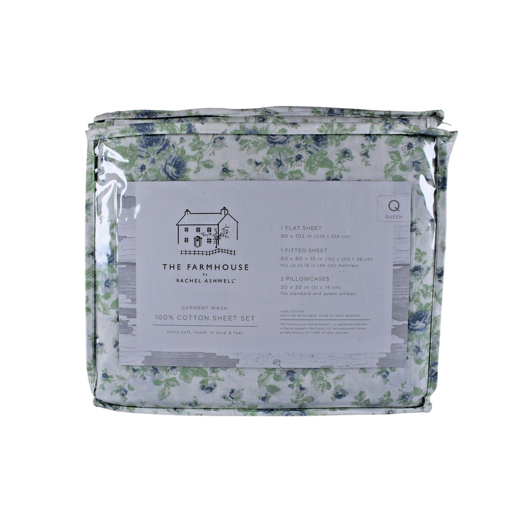 The Farmhouse Rachel Ashwell Blue Floral Queen Sheet Set Blue Green