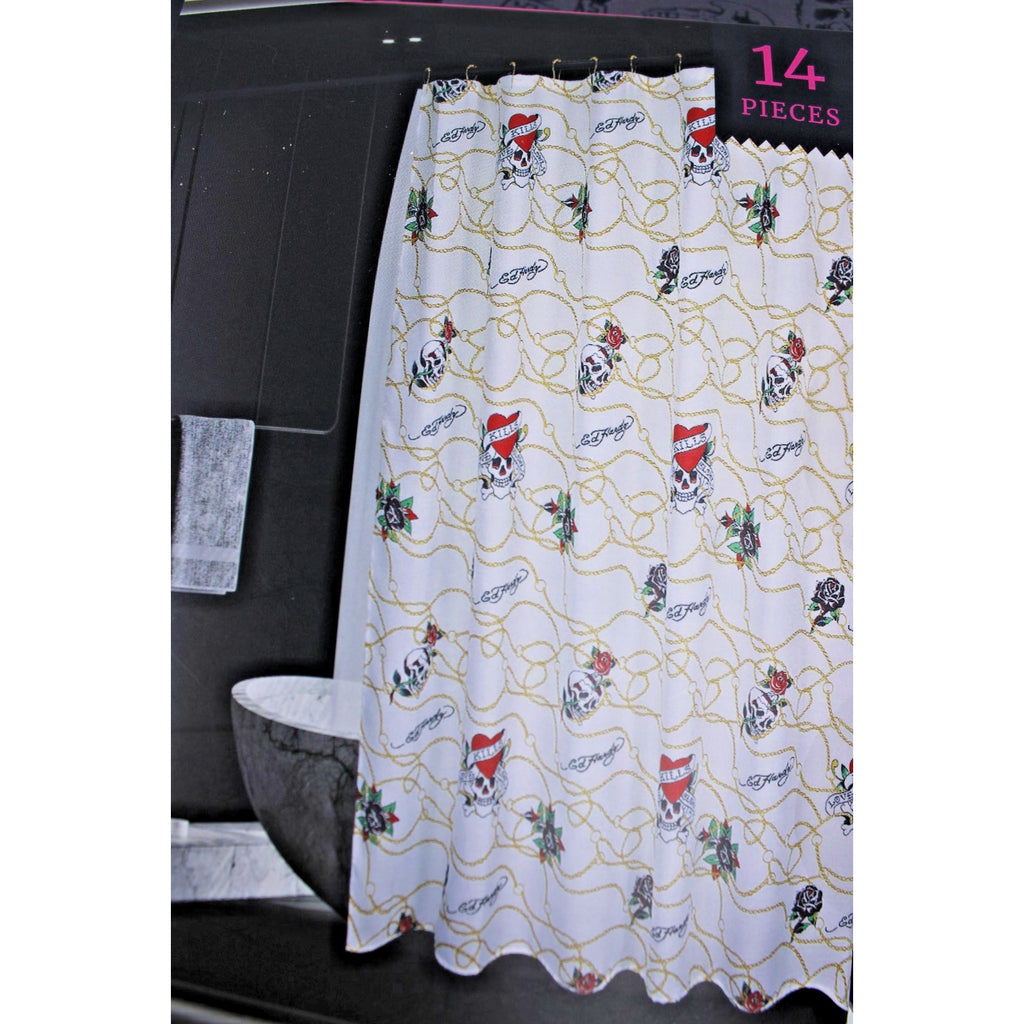 Ed Hardy 14 Piece Shower Curtain Set, White With Gold Chain and Skulls, NWT